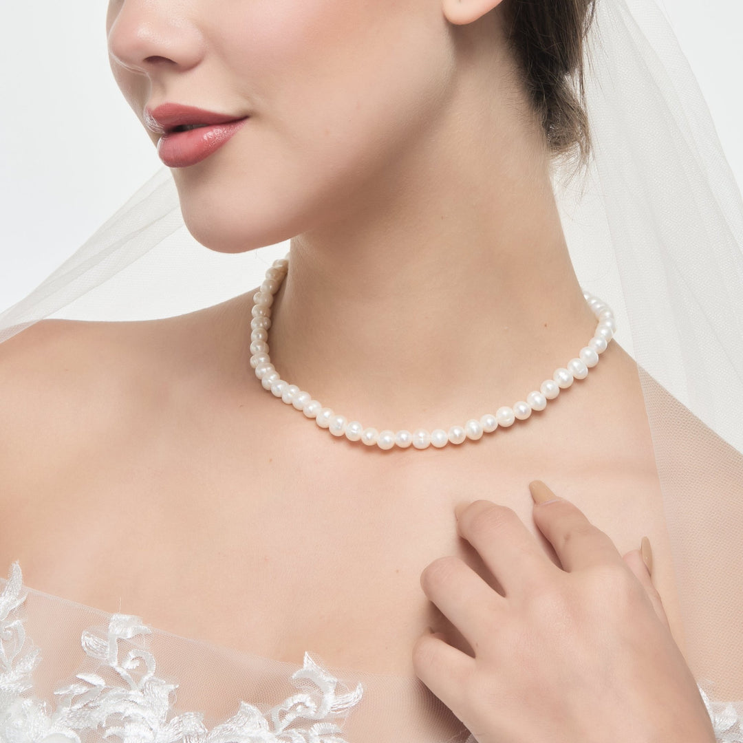 Sterling Silver White Freshwater Pearl Strand Choker Necklace - Philip Jones Jewellery