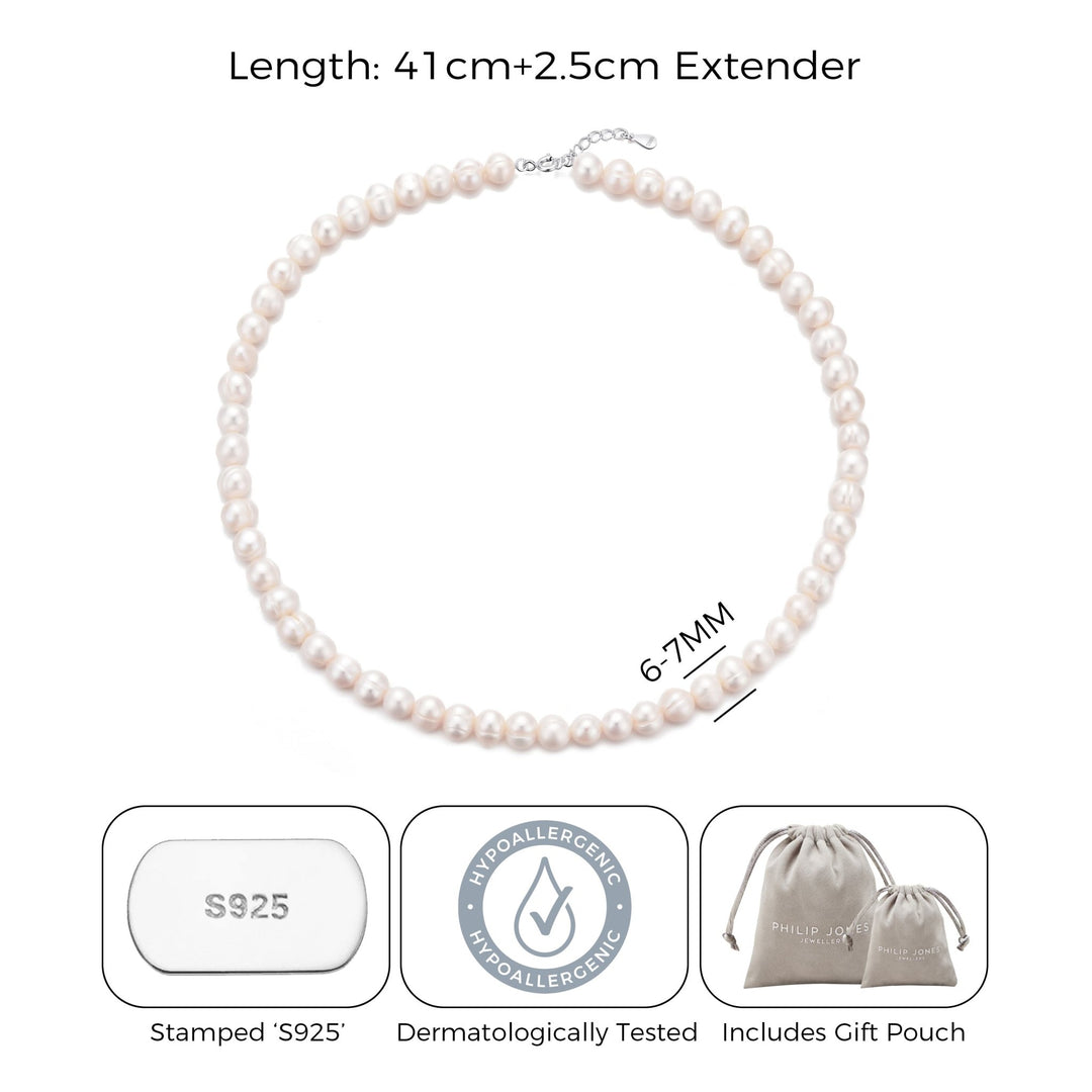 Sterling Silver White Freshwater Pearl Strand Choker Necklace - Philip Jones Jewellery