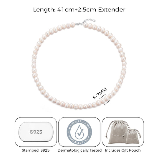 Sterling Silver White Freshwater Pearl Strand Choker Necklace - Philip Jones Jewellery