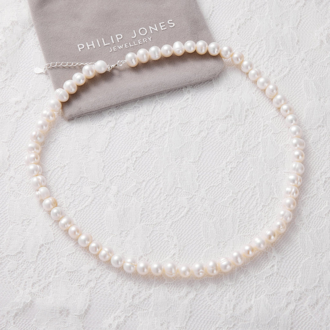Sterling Silver White Freshwater Pearl Strand Choker Necklace - Philip Jones Jewellery