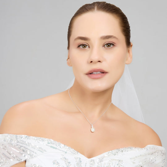 Sterling Silver White Pearl Drop Bridal Necklace Created with Zircondia® Crystals - Philip Jones Jewellery