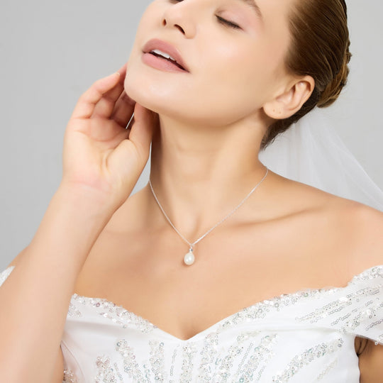Sterling Silver White Pearl Drop Bridal Necklace Created with Zircondia® Crystals - Philip Jones Jewellery