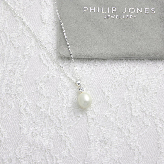 Sterling Silver White Pearl Drop Bridal Necklace Created with Zircondia® Crystals - Philip Jones Jewellery