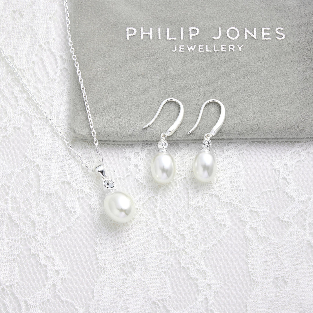 Sterling Silver White Pearl Drop Bridal Set Created with Zircondia® Crystals - Philip Jones Jewellery