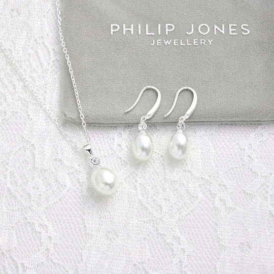 Sterling Silver White Pearl Drop Bridal Set Created with Zircondia® Crystals - Philip Jones Jewellery