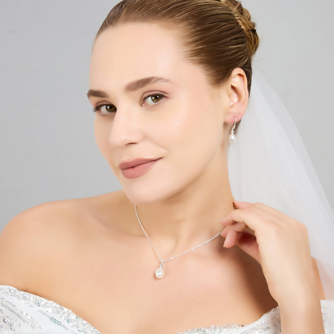 Sterling Silver White Pearl Drop Bridal Set Created with Zircondia® Crystals - Philip Jones Jewellery