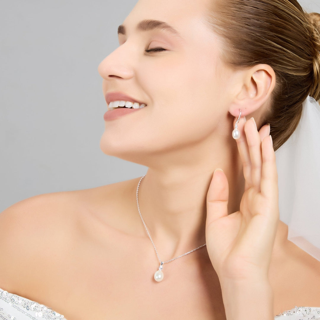 Sterling Silver White Pearl Drop Bridal Set Created with Zircondia® Crystals - Philip Jones Jewellery