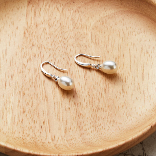 Sterling Silver White Pearl Drop Earrings Created with Zircondia® Crystals - Philip Jones Jewellery