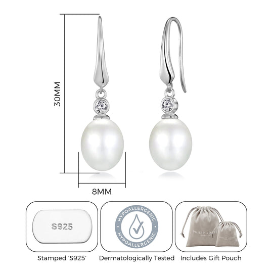 Sterling Silver White Pearl Drop Earrings Created with Zircondia® Crystals - Philip Jones Jewellery