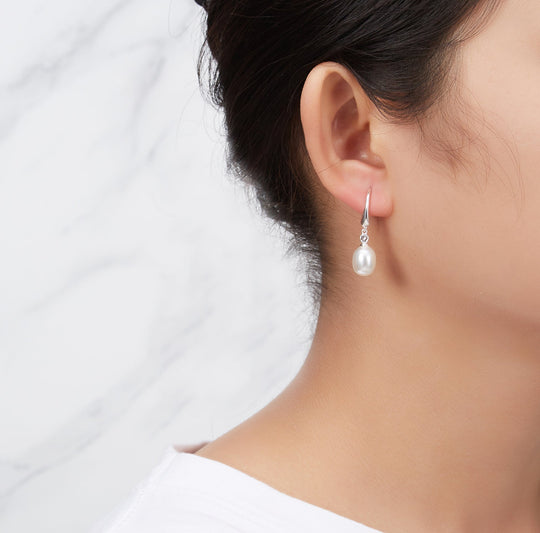 Sterling Silver White Pearl Drop Earrings Created with Zircondia® Crystals - Philip Jones Jewellery