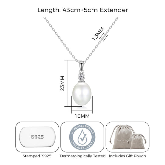 Sterling Silver White Pearl Drop Necklace Created with Zircondia® Crystals - Philip Jones Jewellery