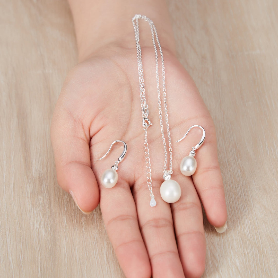 Sterling Silver White Pearl Drop Set Created with Zircondia® Crystals - Philip Jones Jewellery