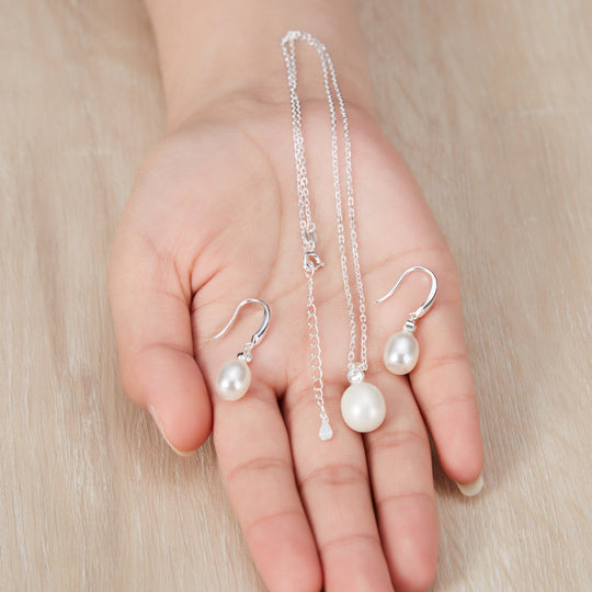 Sterling Silver White Pearl Drop Set Created with Zircondia® Crystals - Philip Jones Jewellery