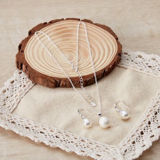 Sterling Silver White Pearl Drop Set Created with Zircondia® Crystals - Philip Jones Jewellery