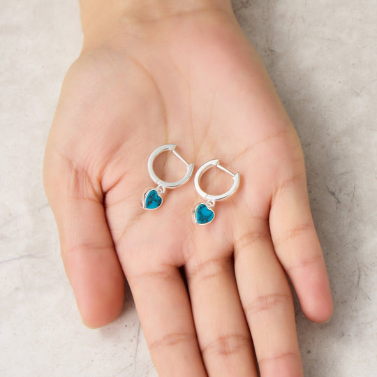 Synthetic Turquoise Gemstone Heart Charm Hoop Earrings - Philip Jones Jewellery