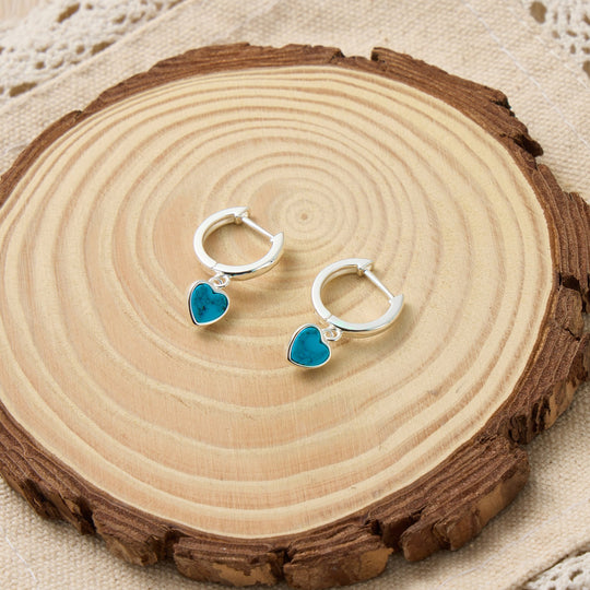 Synthetic Turquoise Gemstone Heart Charm Hoop Earrings - Philip Jones Jewellery
