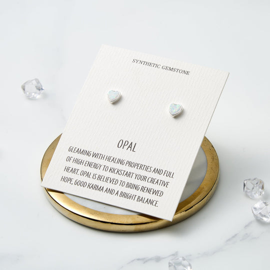 Synthetic White Opal Heart Stud Earrings with Quote Card - Philip Jones Jewellery