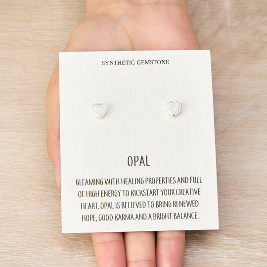 Synthetic White Opal Heart Stud Earrings with Quote Card - Philip Jones Jewellery