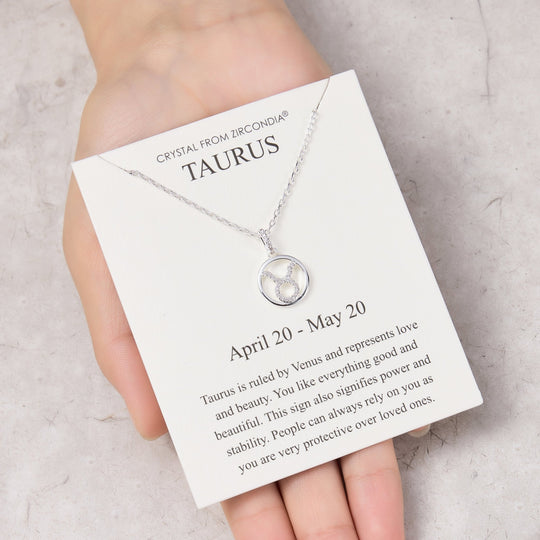 Taurus Star Sign Zodiac Necklace and Quote Card with Zircondia® Crystals - Philip Jones Jewellery