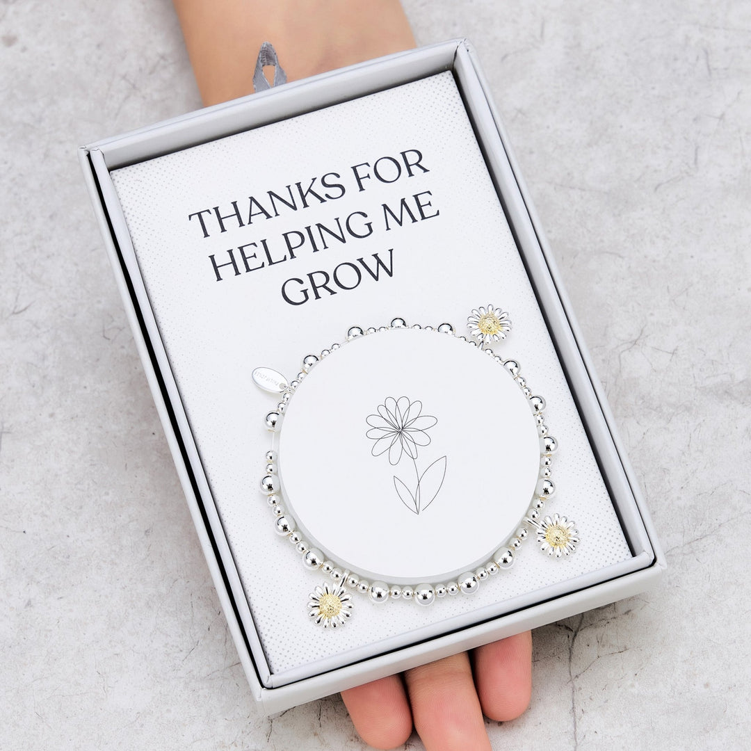 Thanks for Helping Me Grow Daisy Charm Beaded Stretch Bracelet with Gift Box - Philip Jones Jewellery