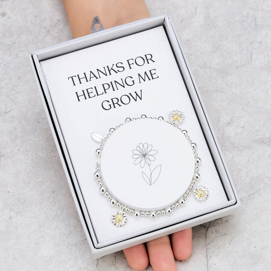 Thanks for Helping Me Grow Daisy Charm Beaded Stretch Bracelet with Gift Box - Philip Jones Jewellery