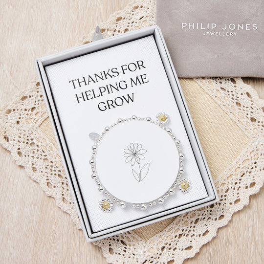 Thanks for Helping Me Grow Daisy Charm Beaded Stretch Bracelet with Gift Box - Philip Jones Jewellery