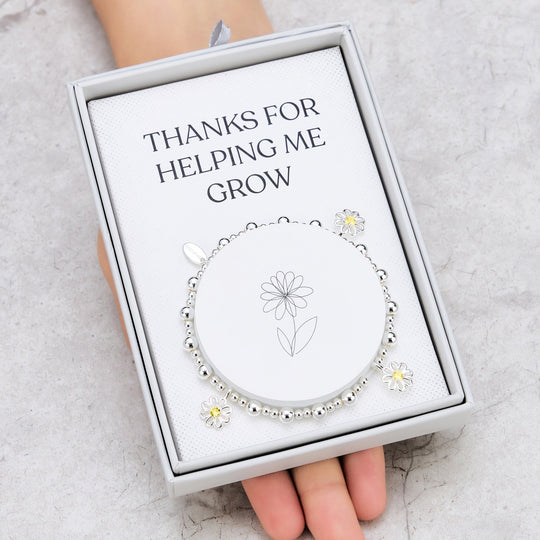 Thanks for Helping Me Grow Daisy Crystal Beaded Stretch Bracelet with Gift Box - Philip Jones Jewellery
