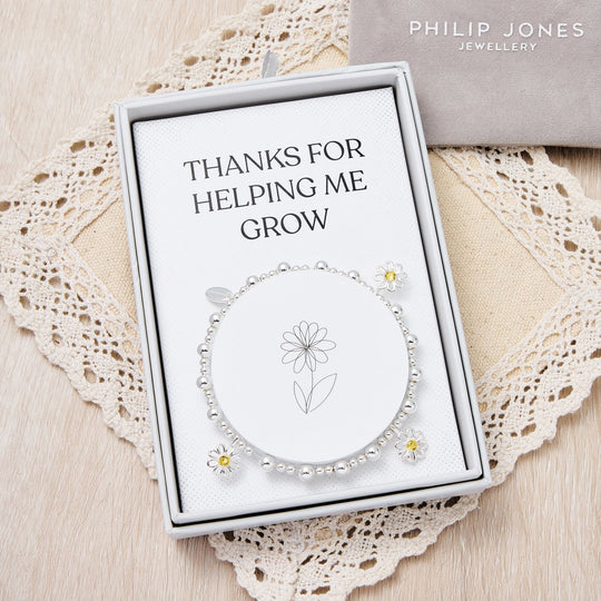 Thanks for Helping Me Grow Daisy Crystal Beaded Stretch Bracelet with Gift Box - Philip Jones Jewellery