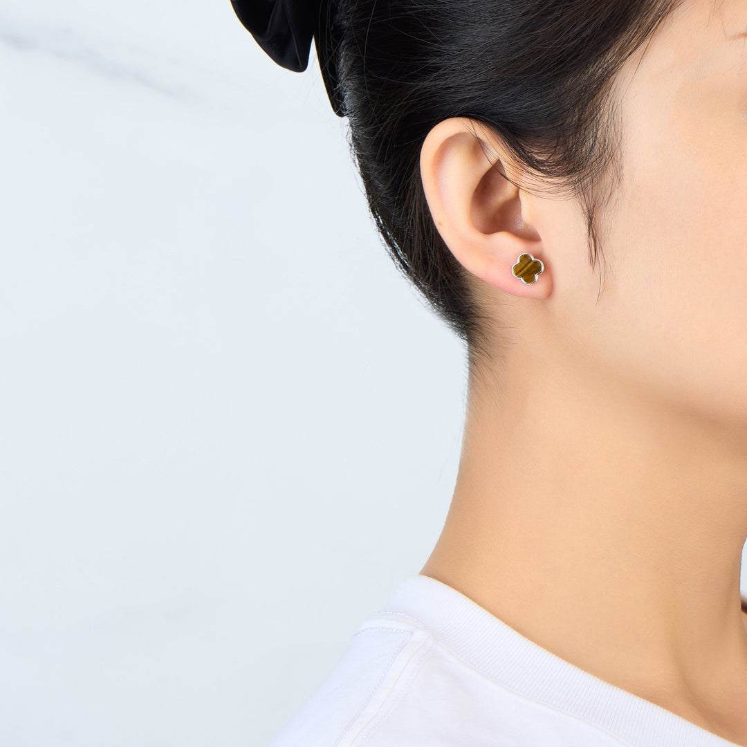 Tigers Eye Gemstone Clover Earrings - Philip Jones Jewellery