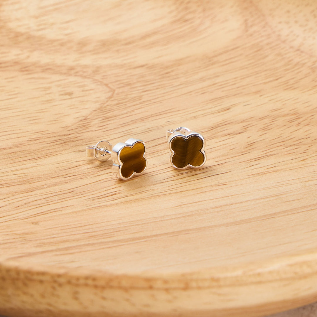 Tigers Eye Gemstone Clover Earrings - Philip Jones Jewellery