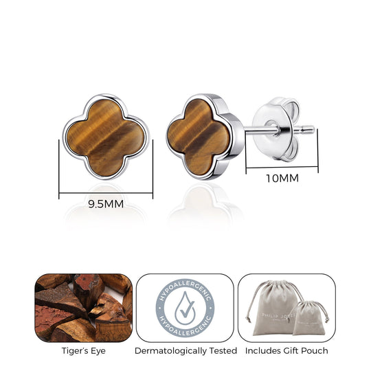 Tigers Eye Gemstone Clover Earrings - Philip Jones Jewellery
