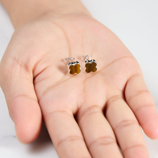 Tigers Eye Gemstone Clover Earrings - Philip Jones Jewellery
