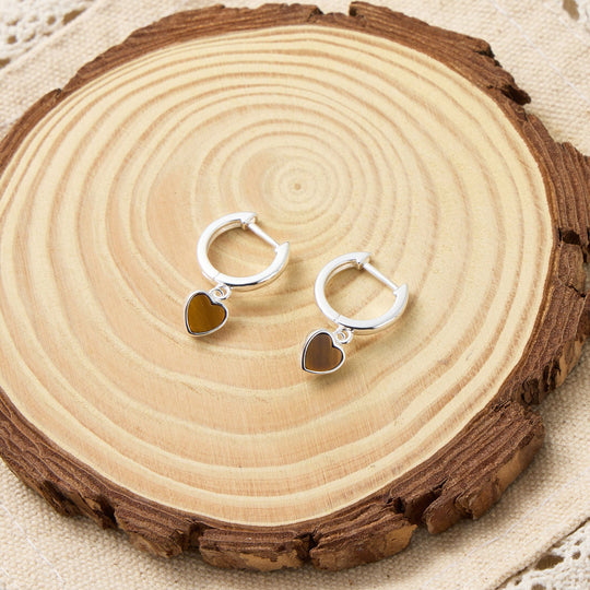 Tigers Eye Gemstone Heart Charm Hoop Earrings - Philip Jones Jewellery