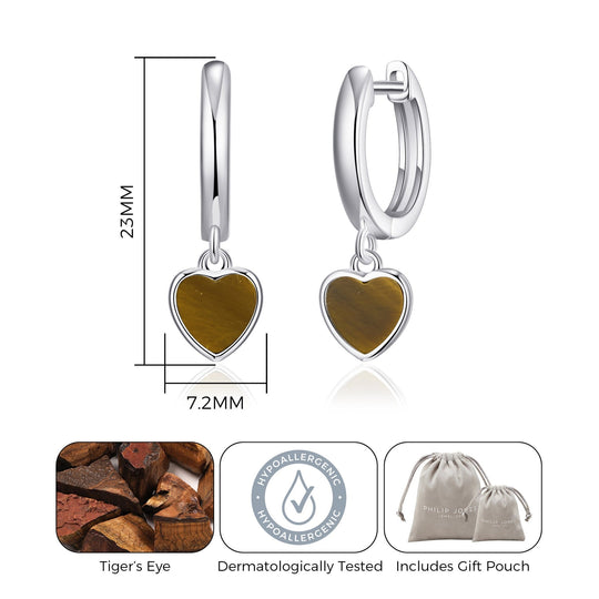 Tigers Eye Gemstone Heart Charm Hoop Earrings - Philip Jones Jewellery