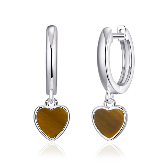 Tigers Eye Gemstone Heart Charm Hoop Earrings - Philip Jones Jewellery