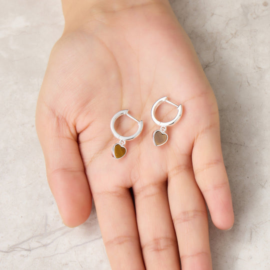 Tigers Eye Gemstone Heart Charm Hoop Earrings - Philip Jones Jewellery