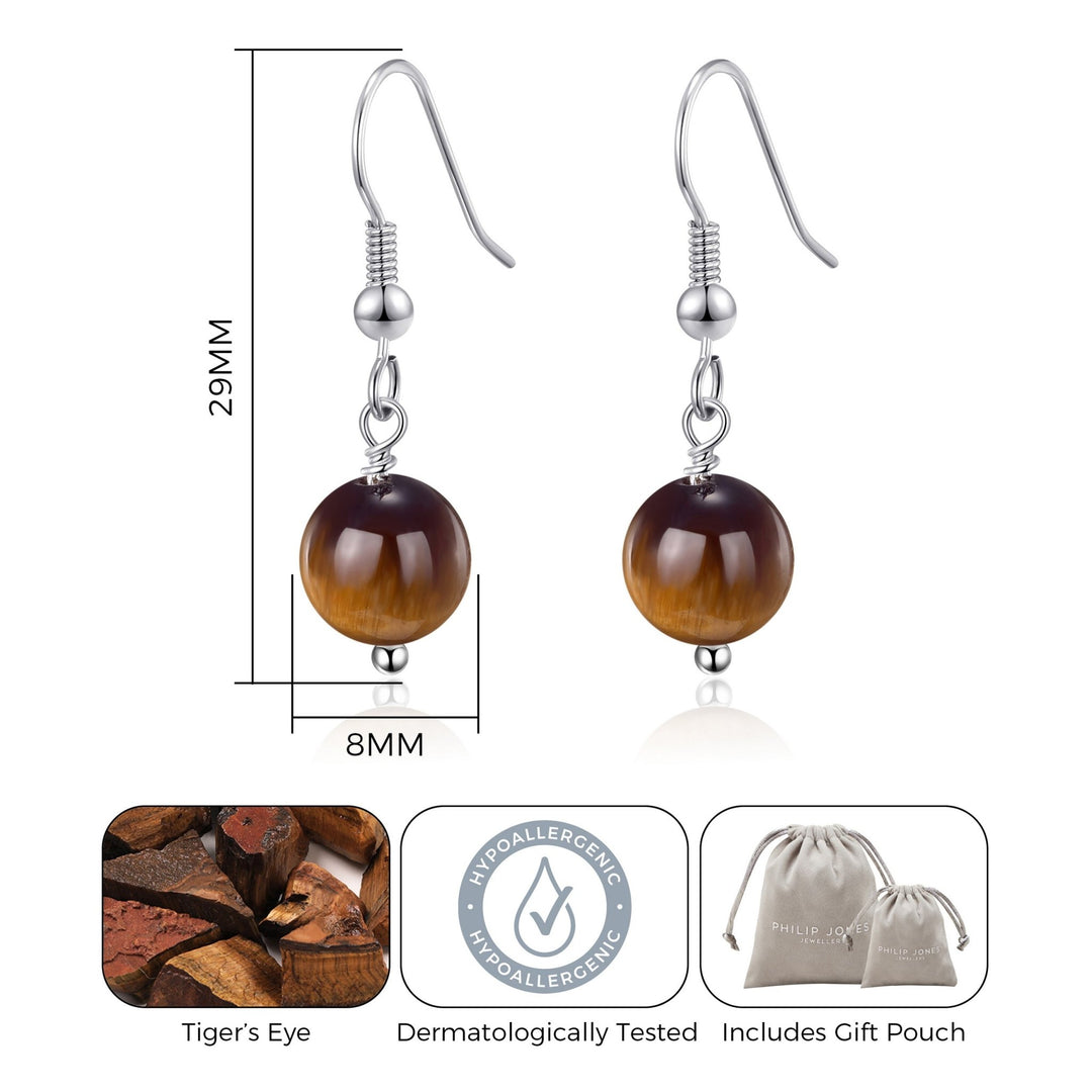 Tigers Eye Gemstone Round Drop Earrings - Philip Jones Jewellery