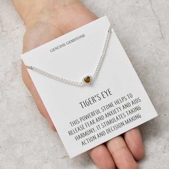Tigers Eye Heart Gemstone Bracelet with Quote Card Created with Zircondia® Crystals - Philip Jones Jewellery