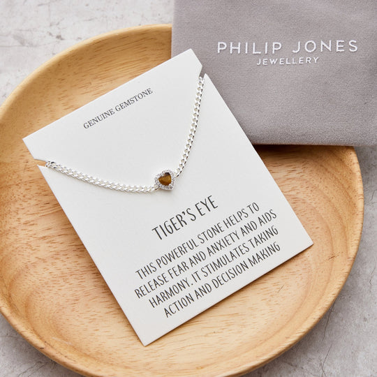 Tigers Eye Heart Gemstone Bracelet with Quote Card Created with Zircondia® Crystals - Philip Jones Jewellery