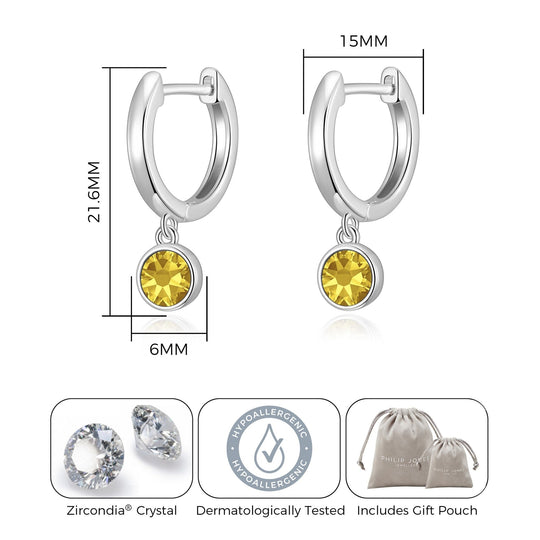 Yellow Crystal Hoop Earrings Created with Zircondia® Crystals - Philip Jones Jewellery