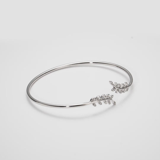 Silver Plated Leaf Bangle Created with Zircondia® Crystals Video
