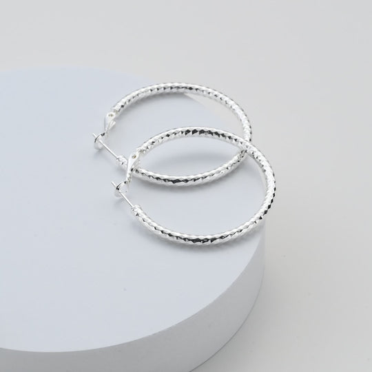 Silver Plated 40mm Diamond Cut Hoop Earrings Video