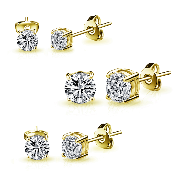 Three Pack of Gold Plated 4mm, 5mm & 6mm Earrings Created with Zircondia® Crystals by Philip Jones Jewellery