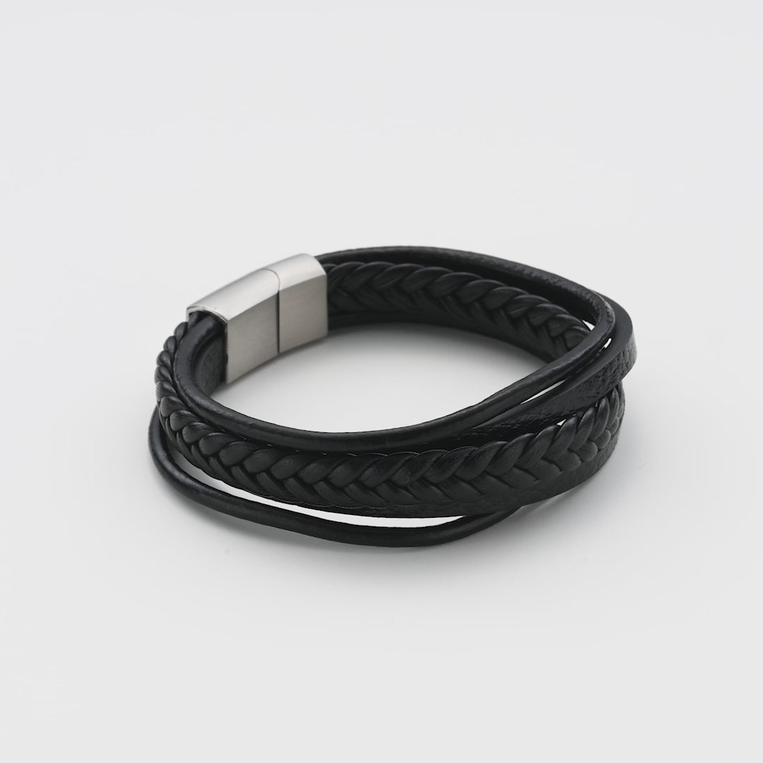 Men's Genuine Black Leather Bracelet with Stainless Steel Clasp Video