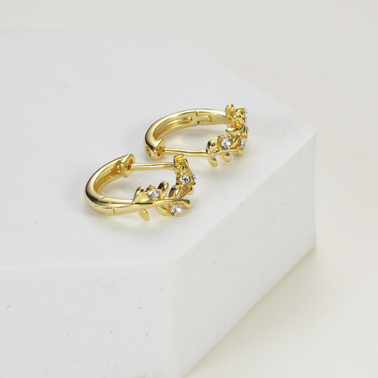 Gold Plated Leaf Hoop Earrings Created with Zircondia® Crystals Video
