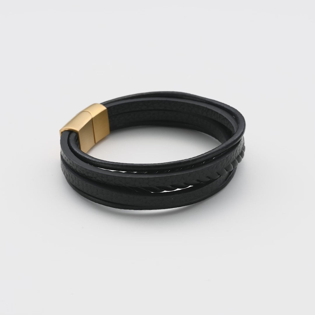 Men's Genuine Black Leather Bracelet with Gold Plated Stainless Steel Clasp Video