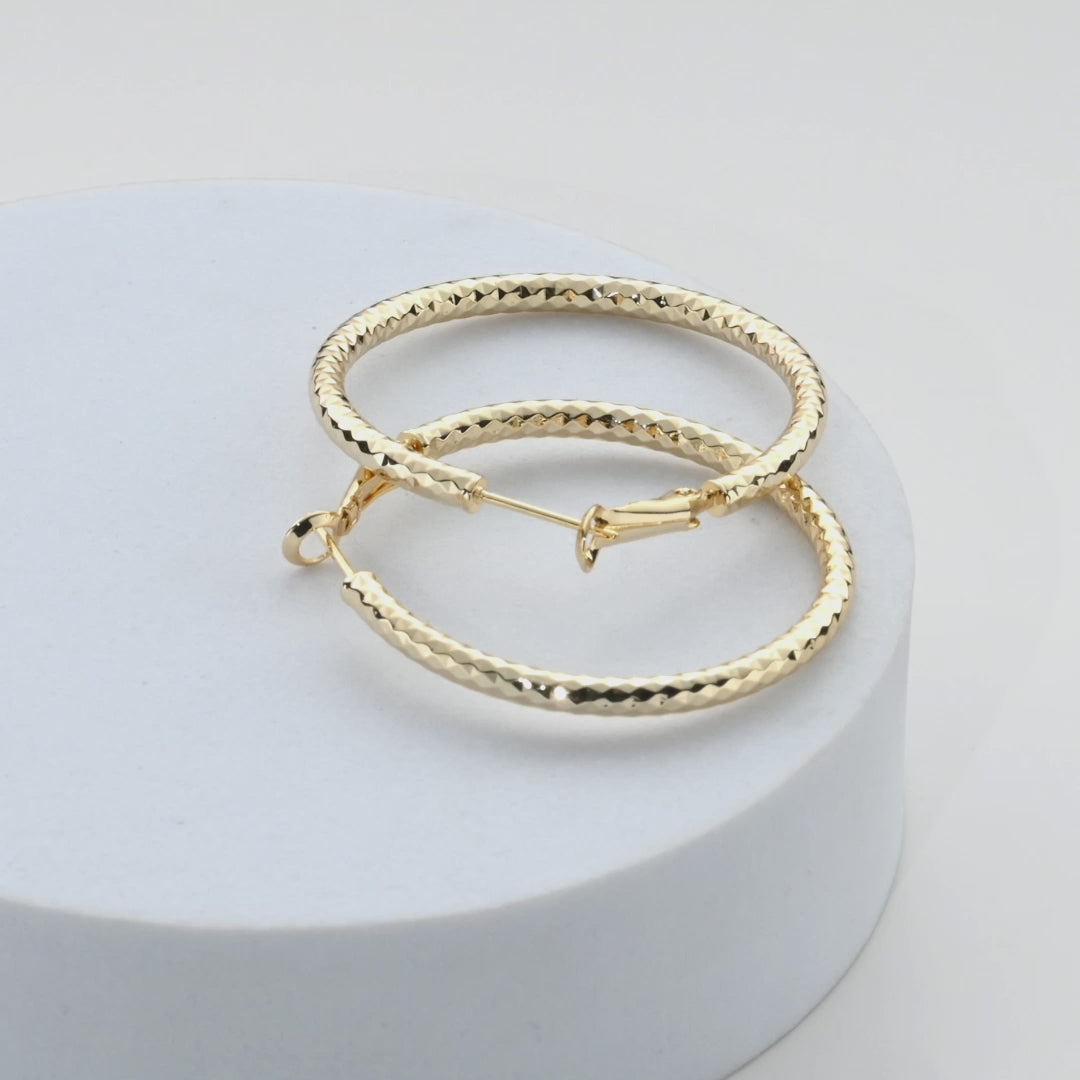 Gold Plated 40mm Diamond Cut Hoop Earrings Video