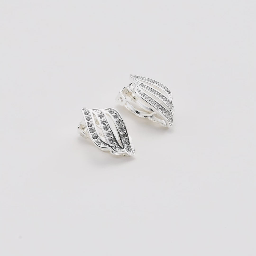 Silver Plated Triple Row Clip On Earrings Created with Zircondia® Crystals Video