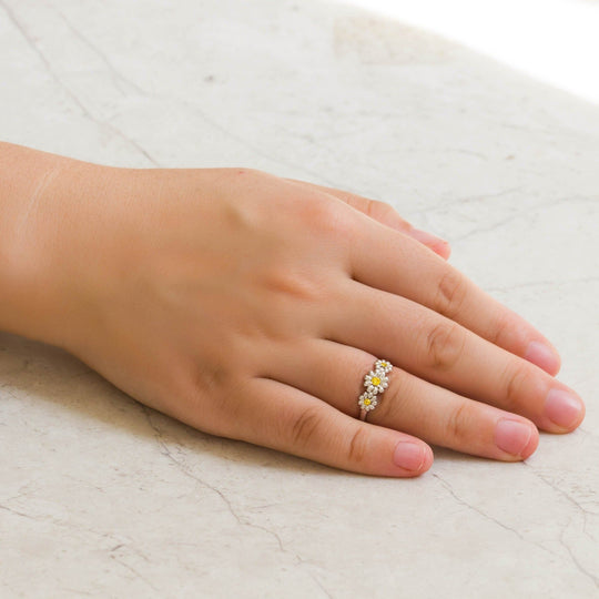 Adjustable Triple Crystal Daisy Ring Created with Zircondia® Crystals - Philip Jones Jewellery