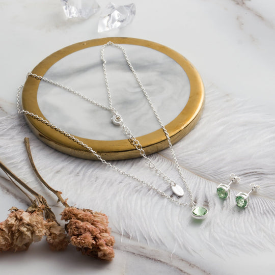 August (Peridot) Birthstone Necklace & Earrings Set Created with Zircondia® Crystals - Philip Jones Jewellery